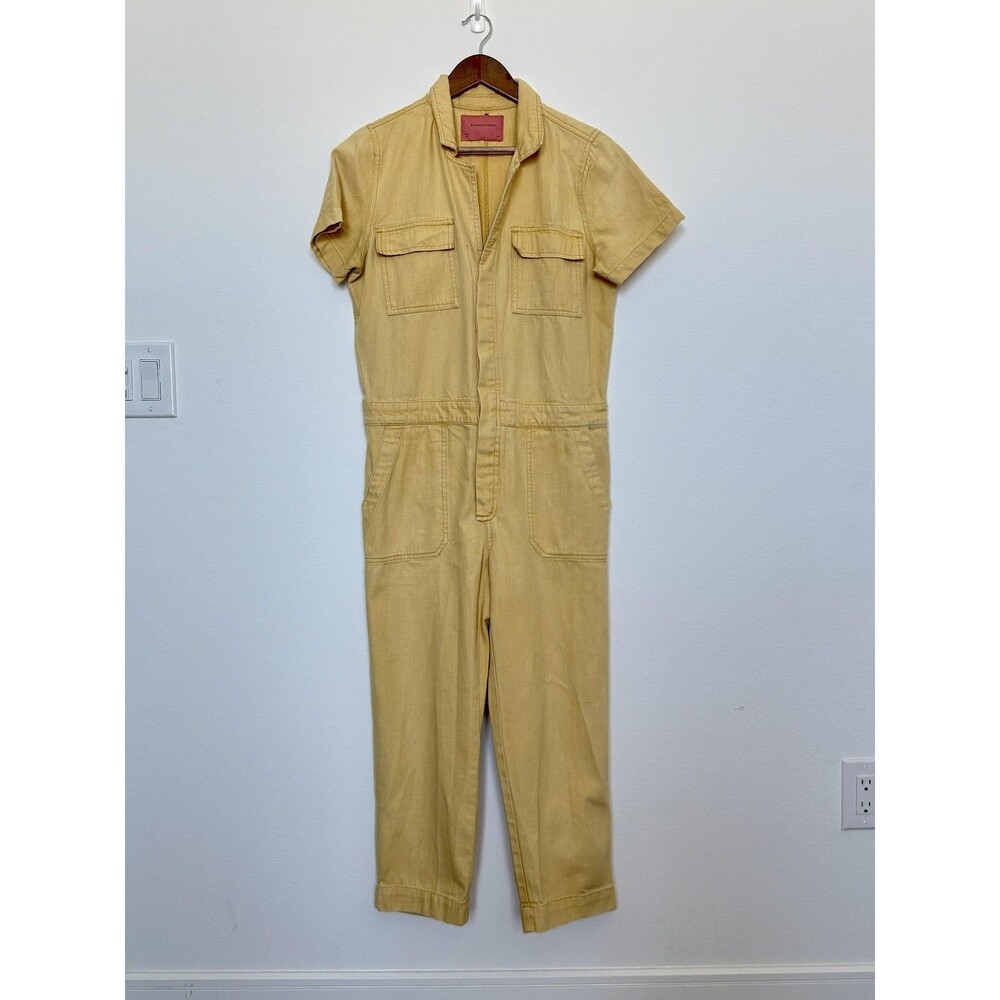 Signature 8 Jumpsuit Womens S/M Yellow Denim Short Sleeve Utility Pockets Suit